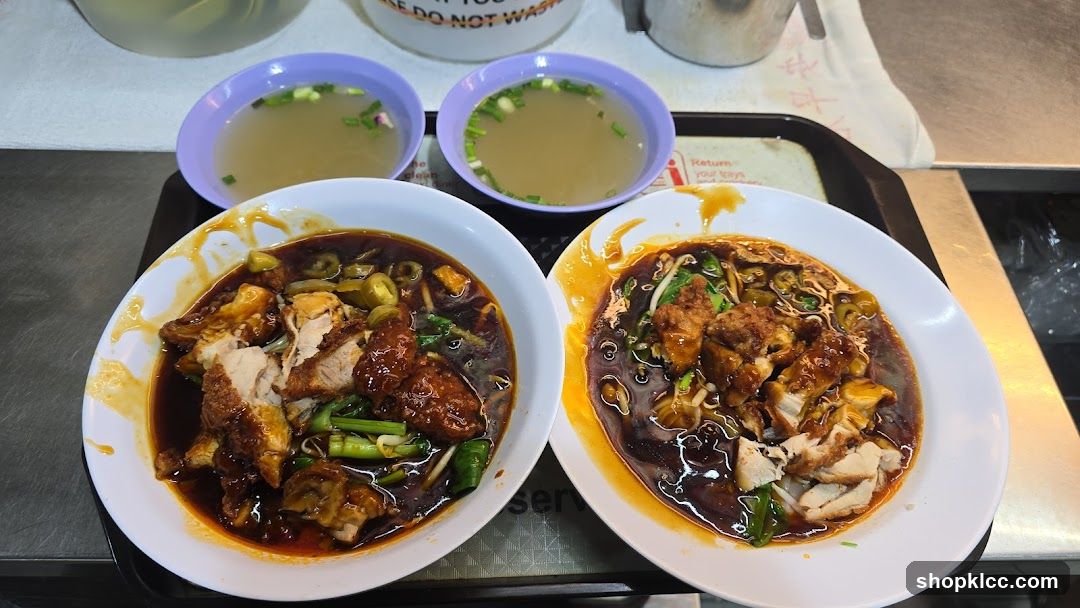 Two bowls of noodles with soup
