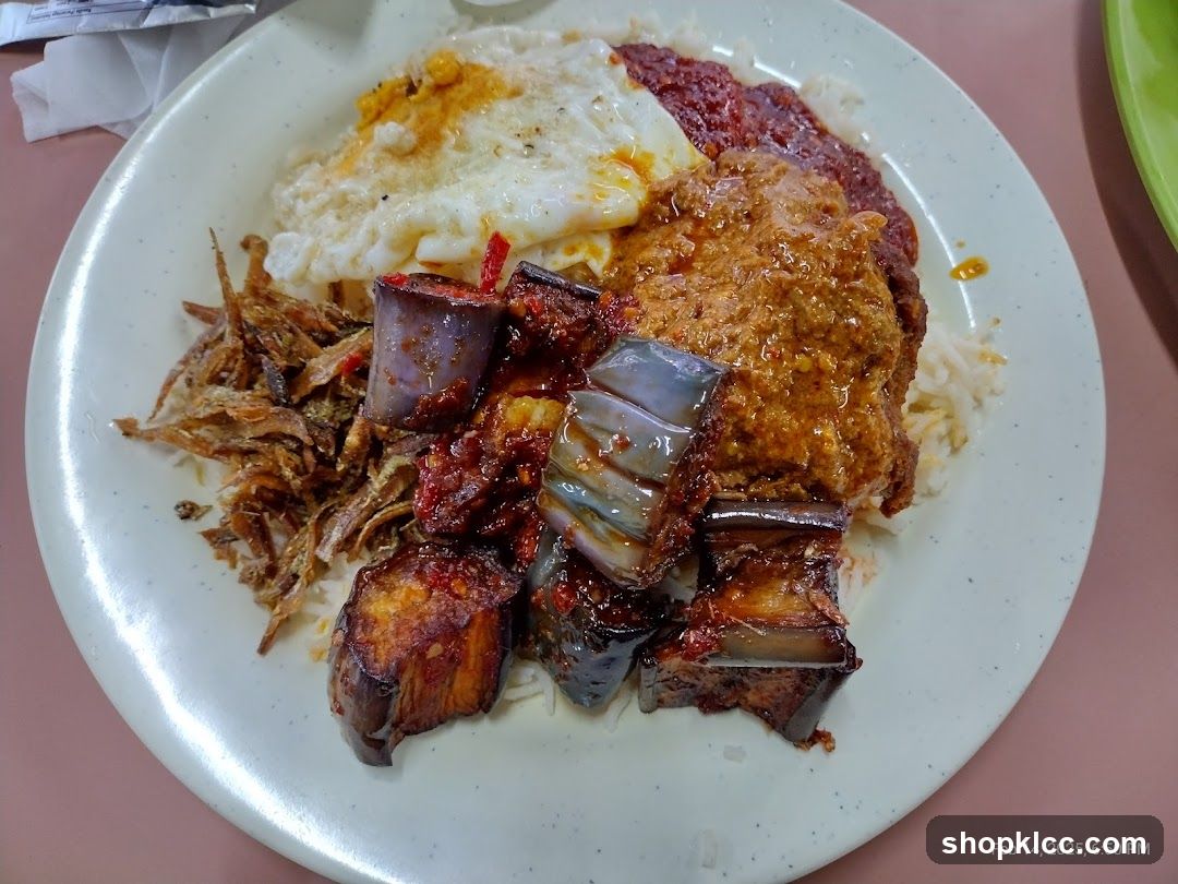 Nasi Lemak with Eggplant and Fried Anchovies