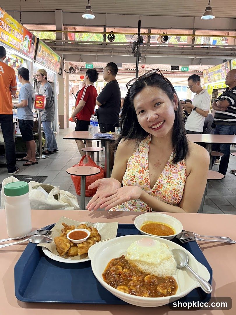 Woman Posing with Food at a Hawker Stall