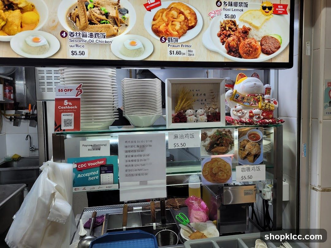Food stall display with menu and food items