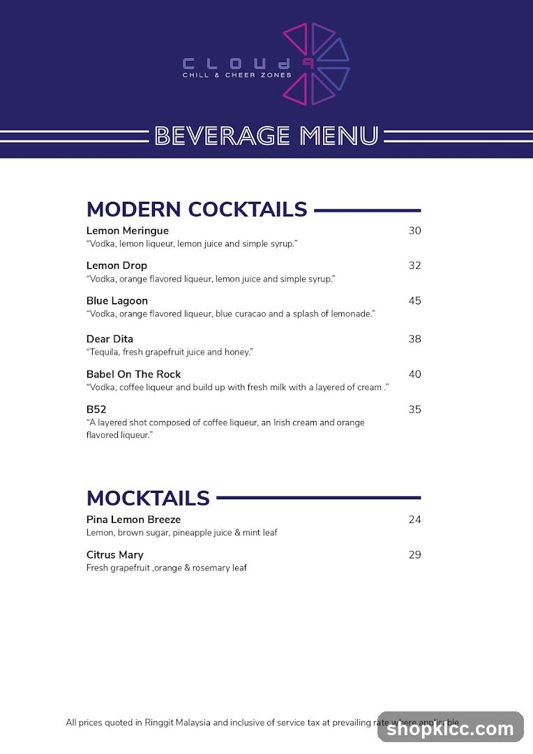 Cloud Chill & Cheer Zones Beverage Menu