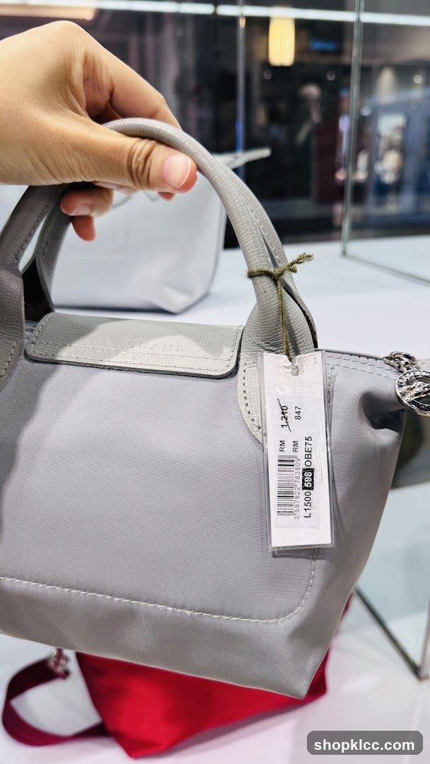 Hand holding a gray handbag