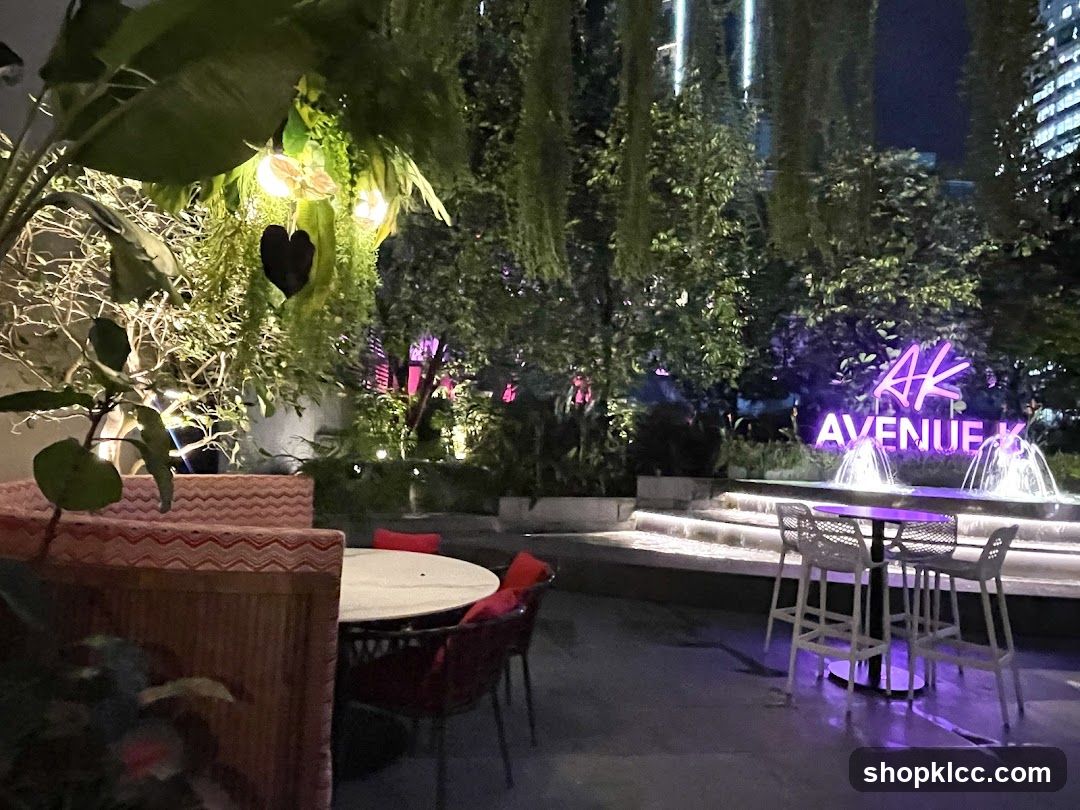 Outdoor seating area with neon sign