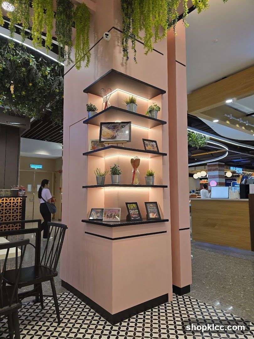 Display shelves with baked goods and decor