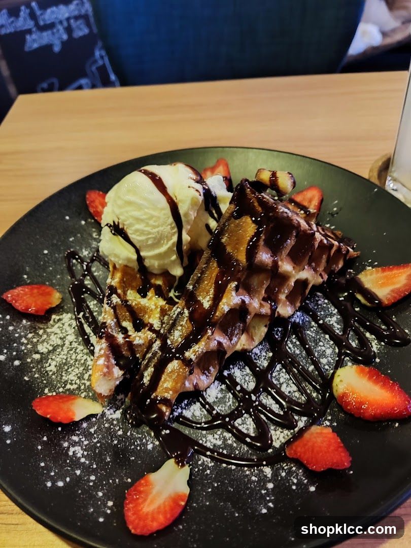Waffle with Ice Cream and Strawberries
