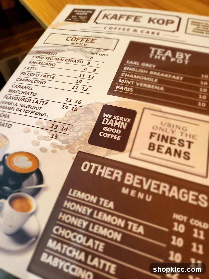 A menu for Kaffe Kop, featuring coffee, tea, and other beverages.