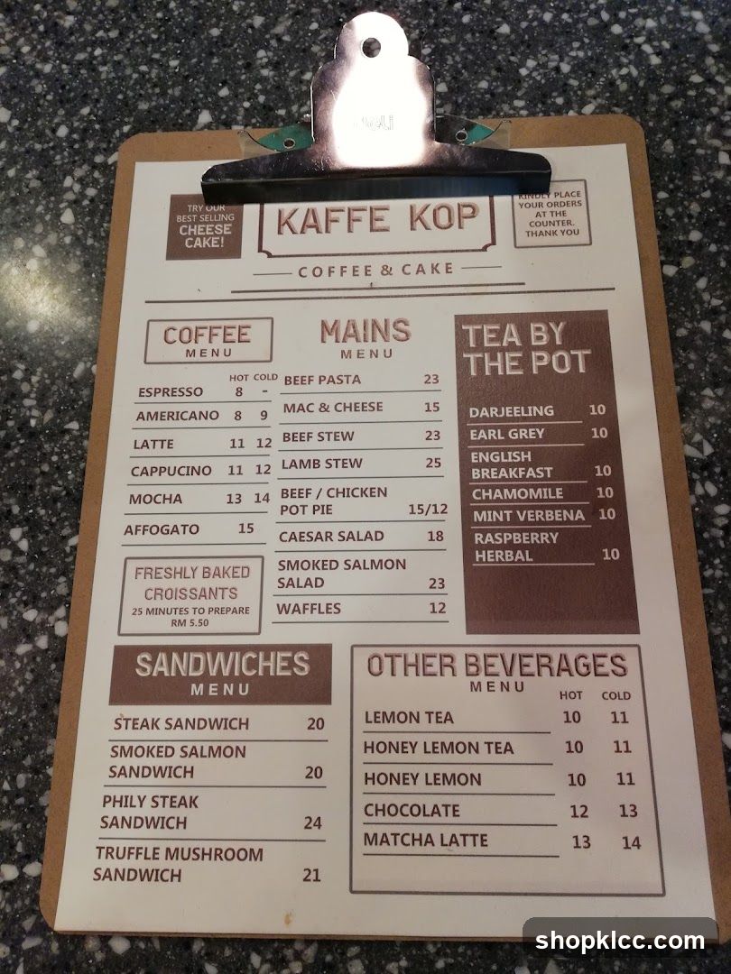 Kaffe Kop Coffee & Cake Menu