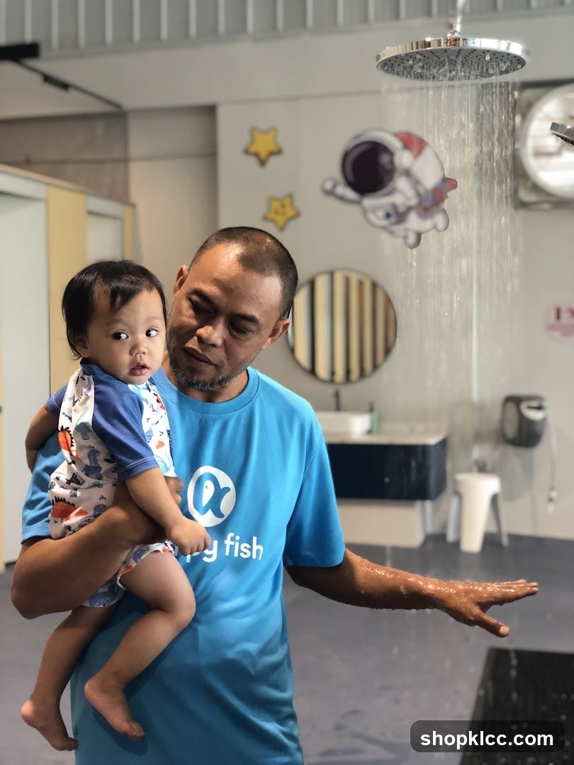 Man and child in a shower area