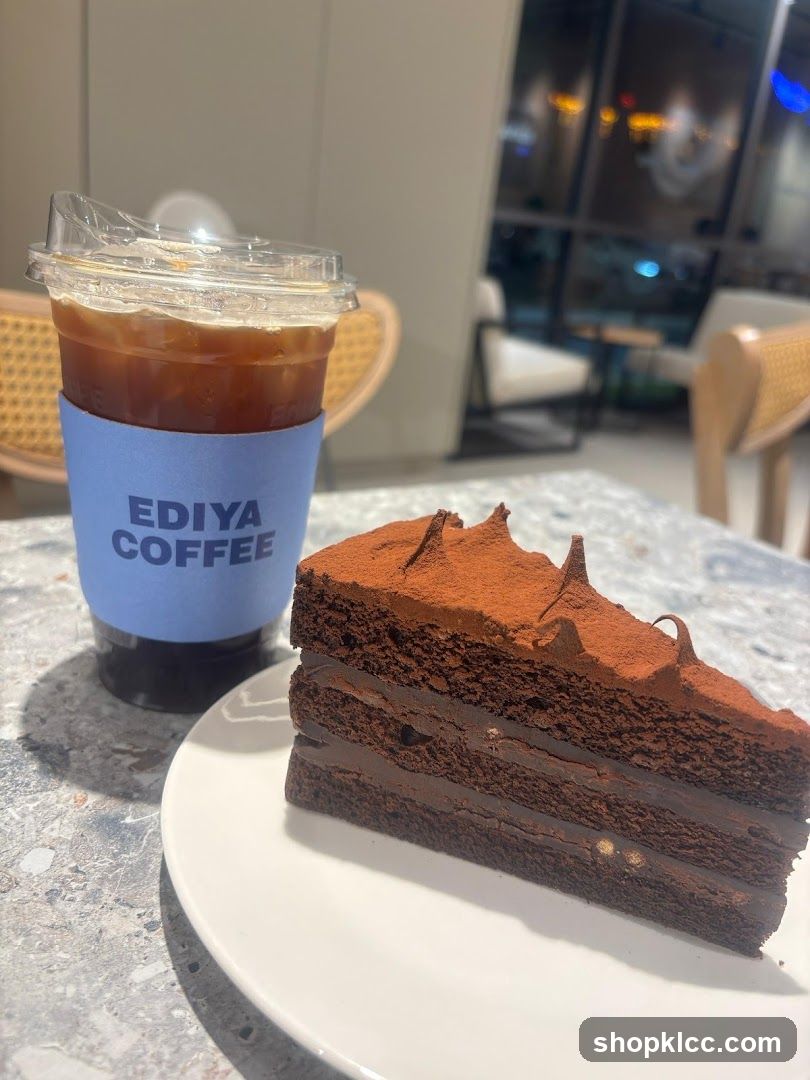 Chocolate cake and iced coffee