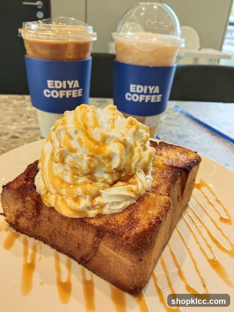 Whipped cream topped toast with caramel drizzle and two iced coffees