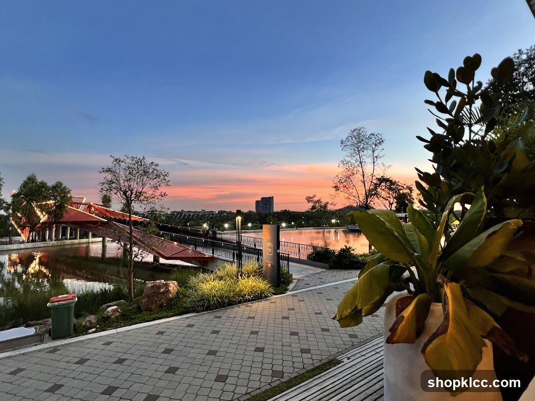 Waterside park at sunset