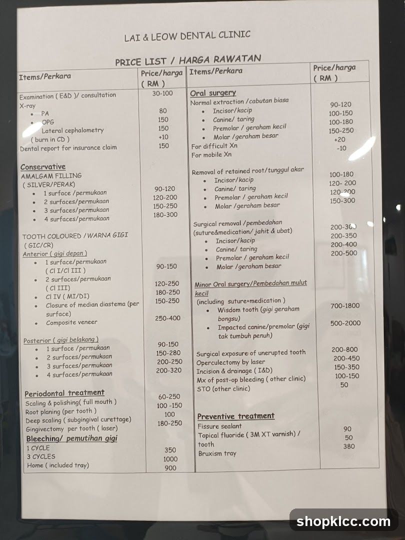 A price list for dental services offered by Lai & Leow Dental Clinic.