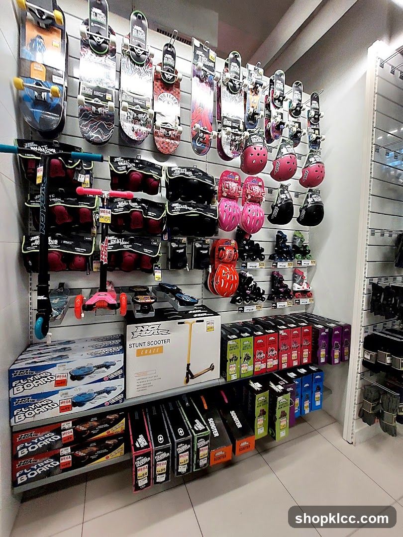 Skateboards, Scooters, and Protective Gear Display