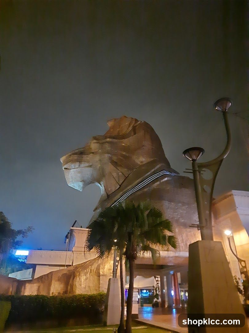 Lion Head Sculpture at Night