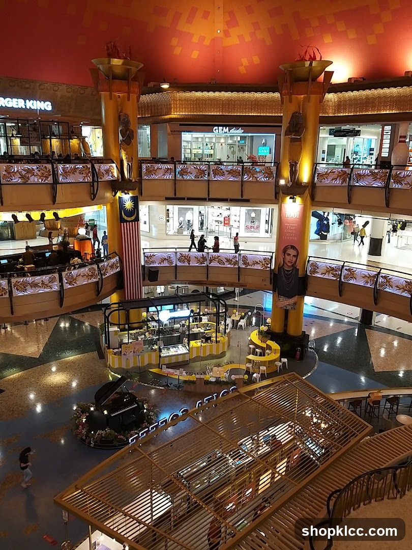 Shopping Mall Interior with Food Stalls and Piano