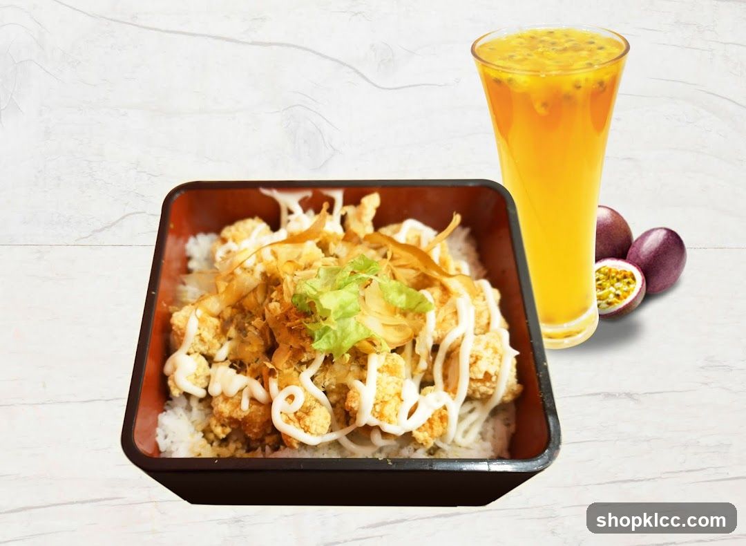 Fried Chicken Rice Bowl with Passion Fruit Drink
