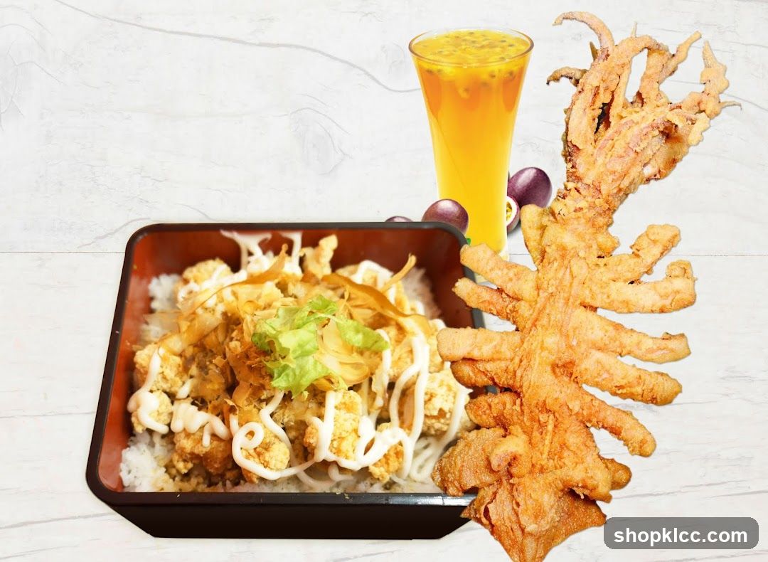 Fried Squid and Rice Bowl with Passion Fruit Drink