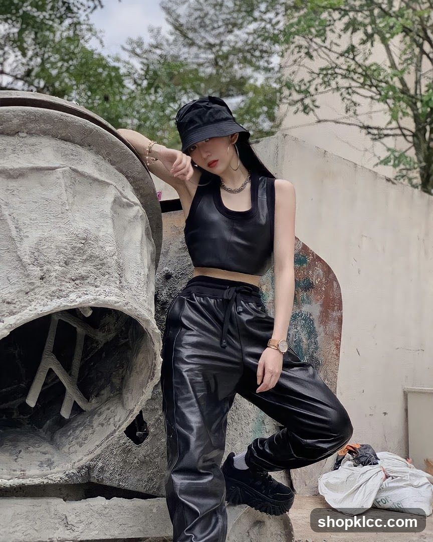 Woman in Black Outfit Posing by Industrial Equipment