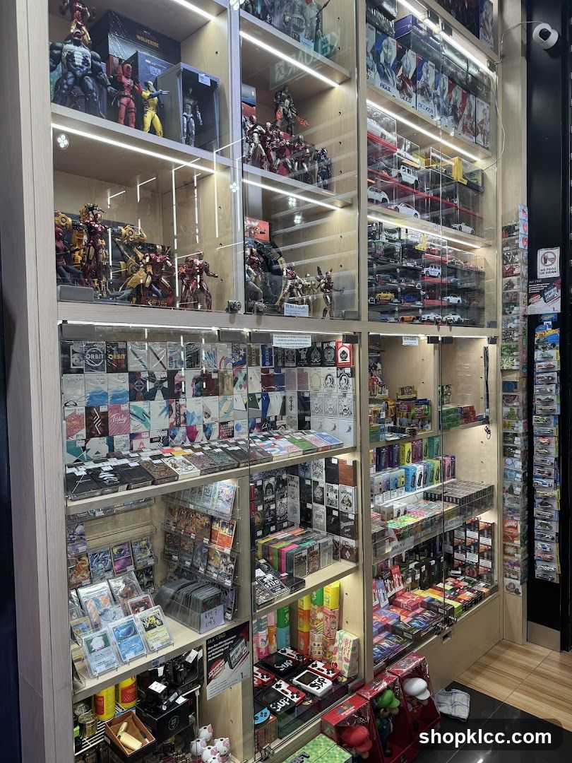 Display shelves with collectibles and merchandise