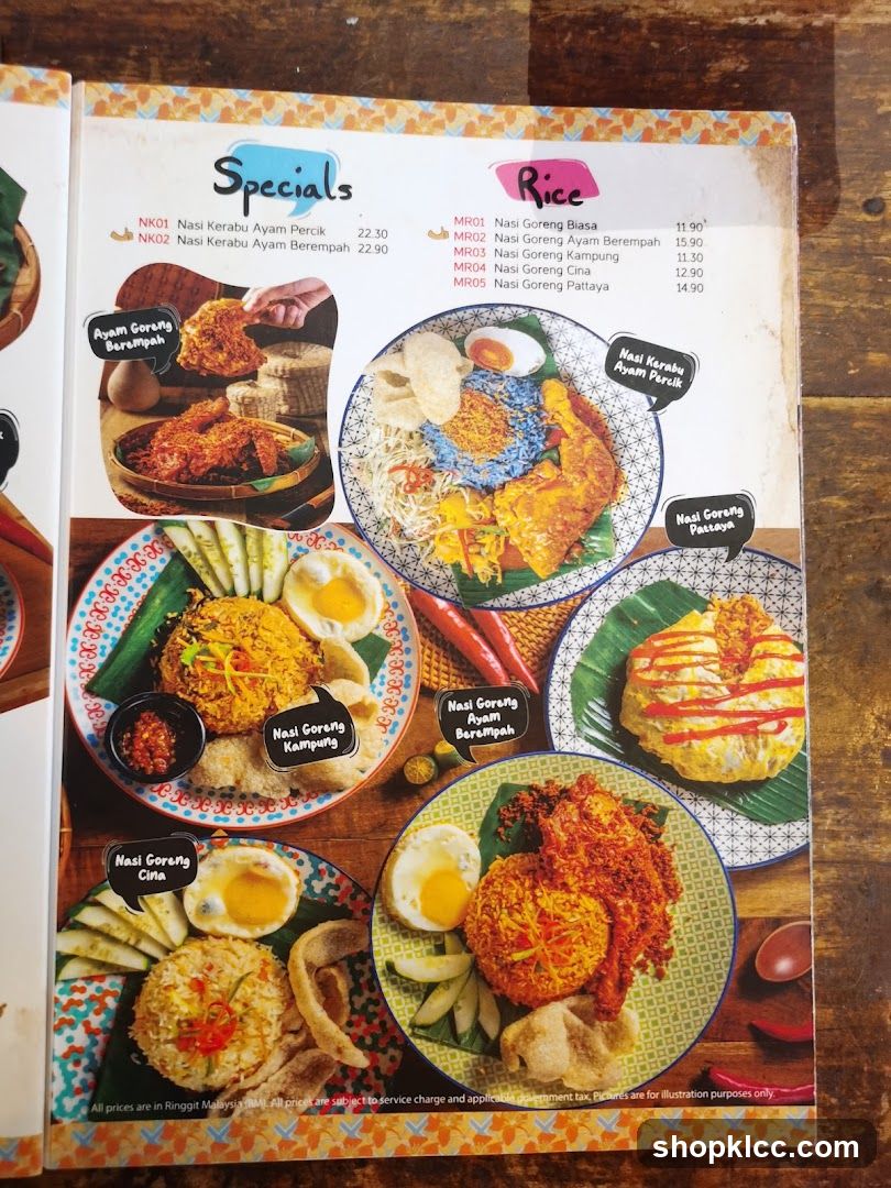 Specials and Rice Menu