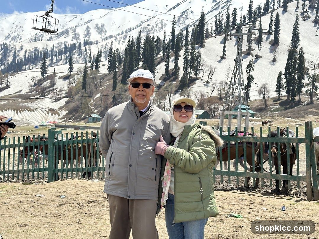 Couple posing with horses and snowy mountains
