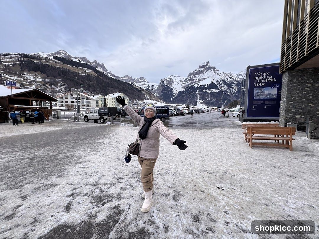 Woman posing in snowy mountain village
