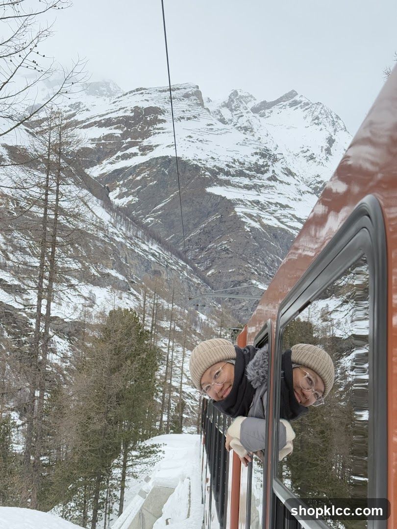 People looking out of train window in snowy mountains