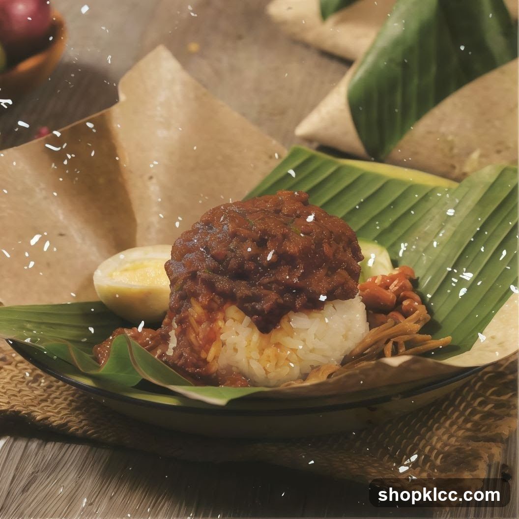 A close-up shot of Nasi Lemak, a traditional Malaysian dish. The dish features a mound of white rice topped with a rich, dark curry. Accompanying the rice are a hard-boiled egg, anchovies, and cucumber slices, all served on a banana leaf. The food is presented on a woven placemat, with other food items wrapped in brown paper and banana leaves visible in the background. White specks, possibly decorative elements or falling snow, are scattered across the image.