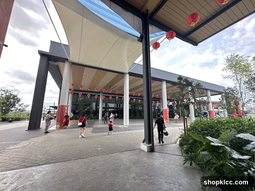 Outdoor plaza with modern architecture and red lanterns