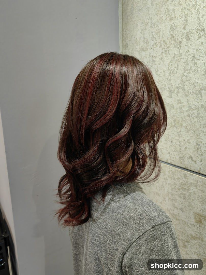 Woman with styled dark hair with red highlights