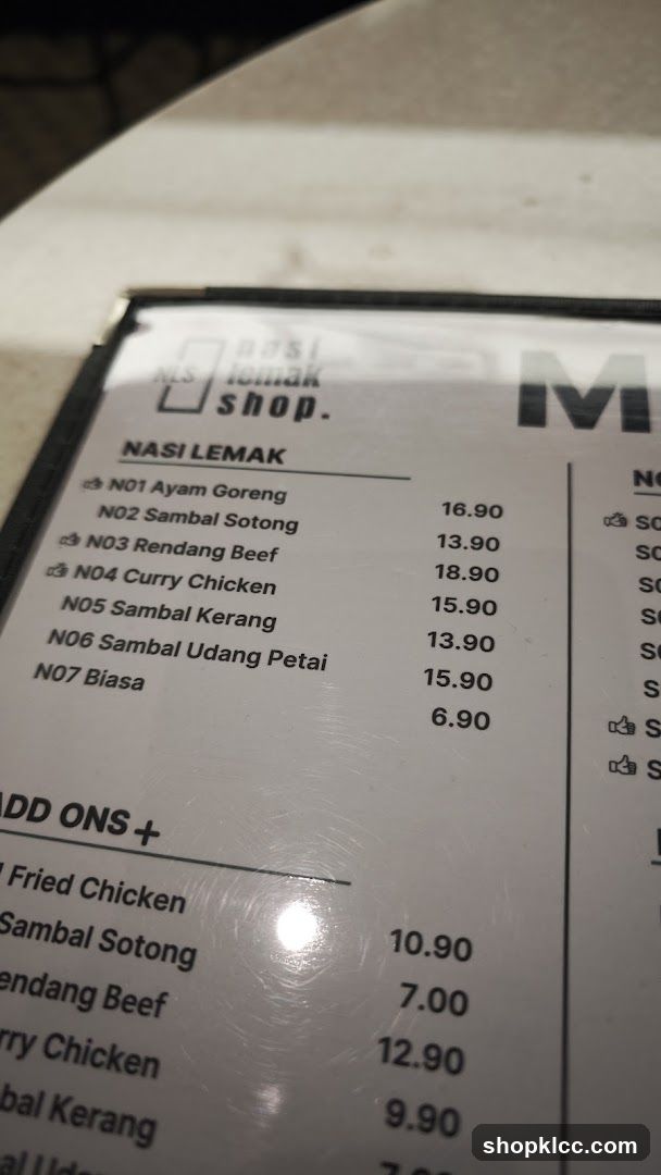 Nasi Lemak Shop Menu