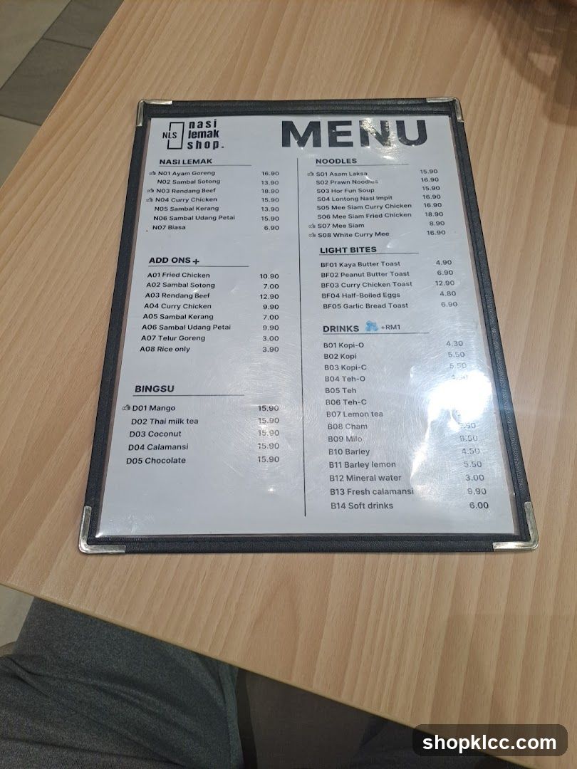 NLS Nasi Lemak Shop Menu