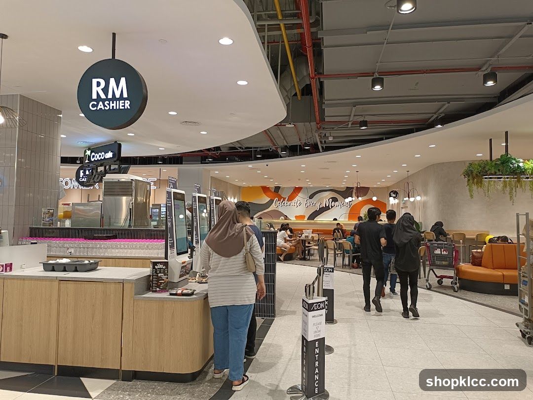 Self-service kiosks and seating area in a mall