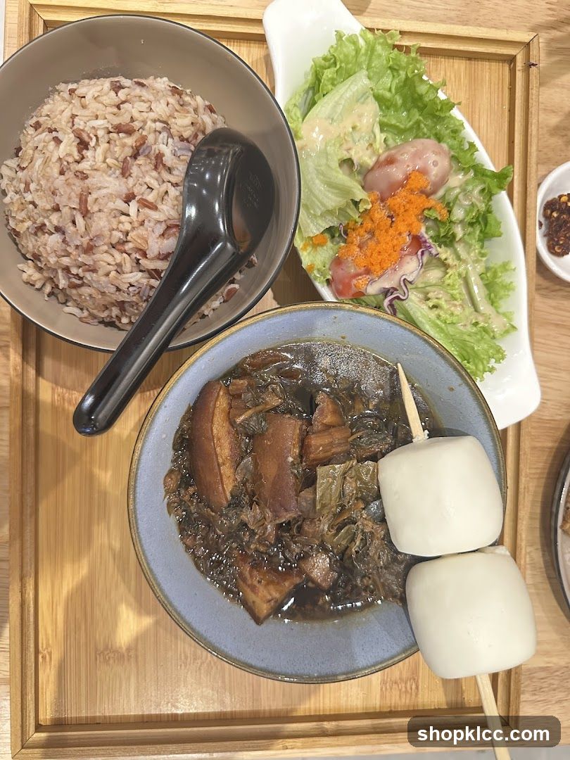Braised Pork Belly with Rice and Salad