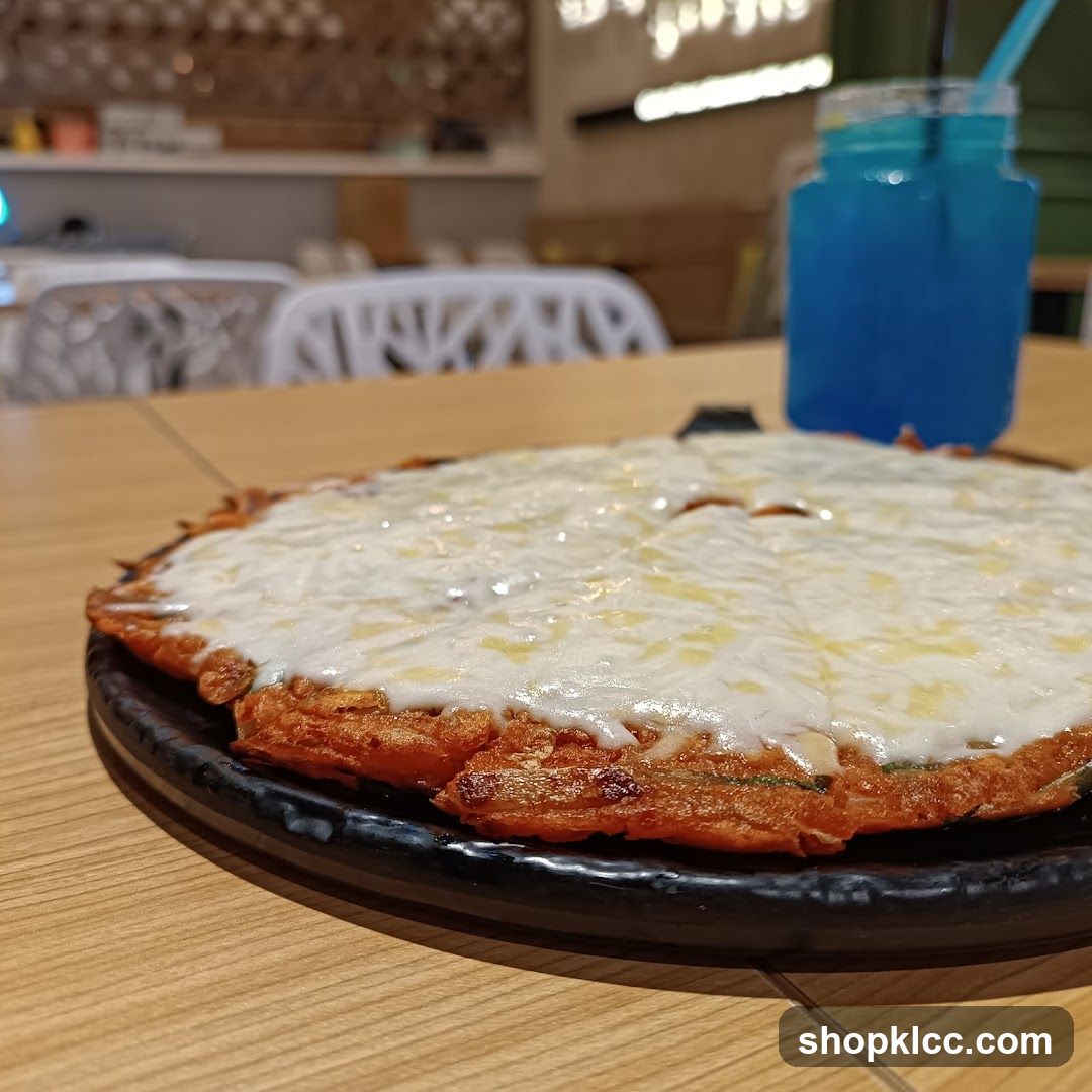 Kimchi Pancake with Cheese and Blue Drink