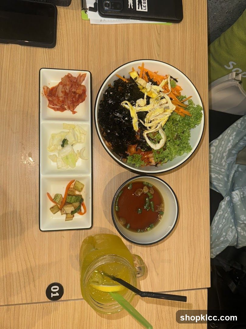 Bibimbap with Side Dishes and Drink