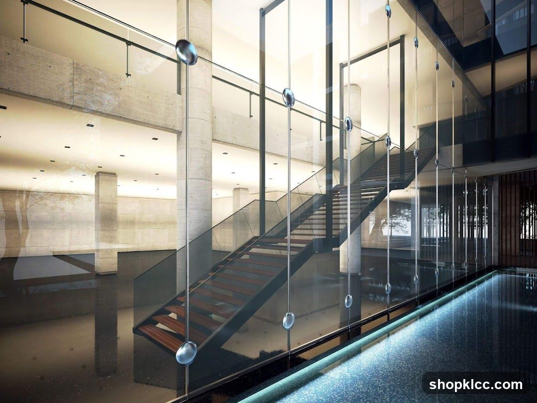 Modern Interior with Staircase and Water Feature
