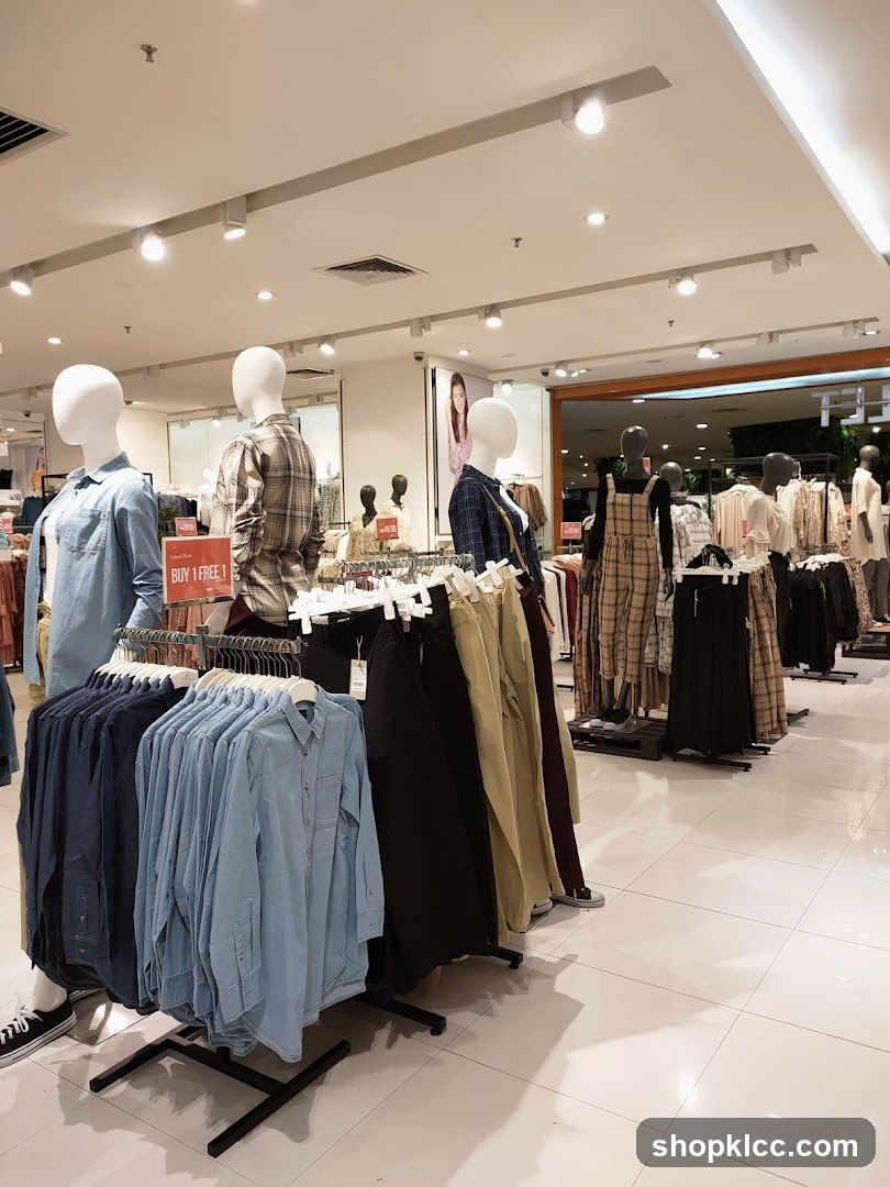 Clothing store interior with mannequins and apparel displays