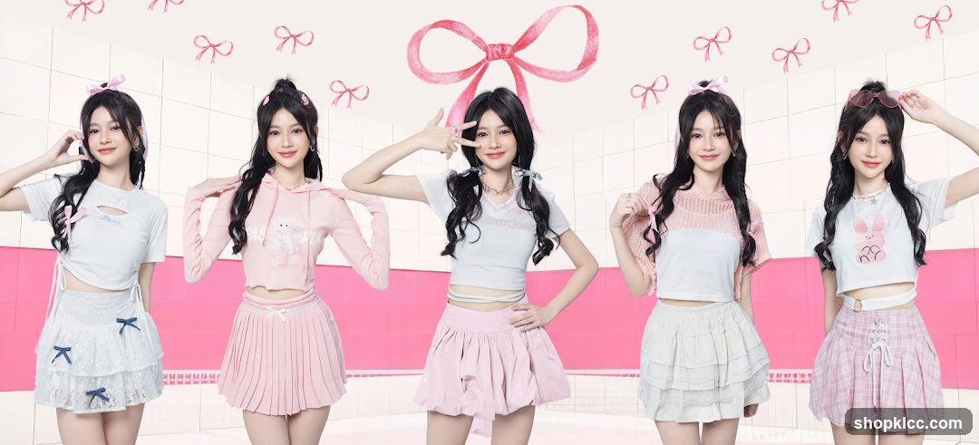 Five young women in pastel outfits