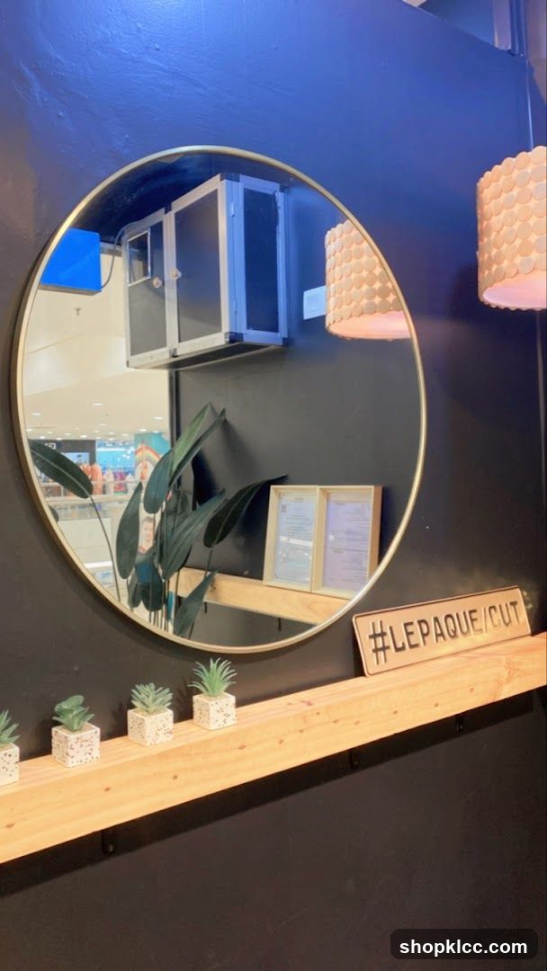 Mirror reflection with plants and signage