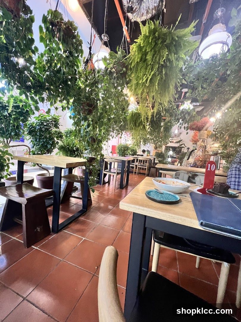 Restaurant Interior with Hanging Plants