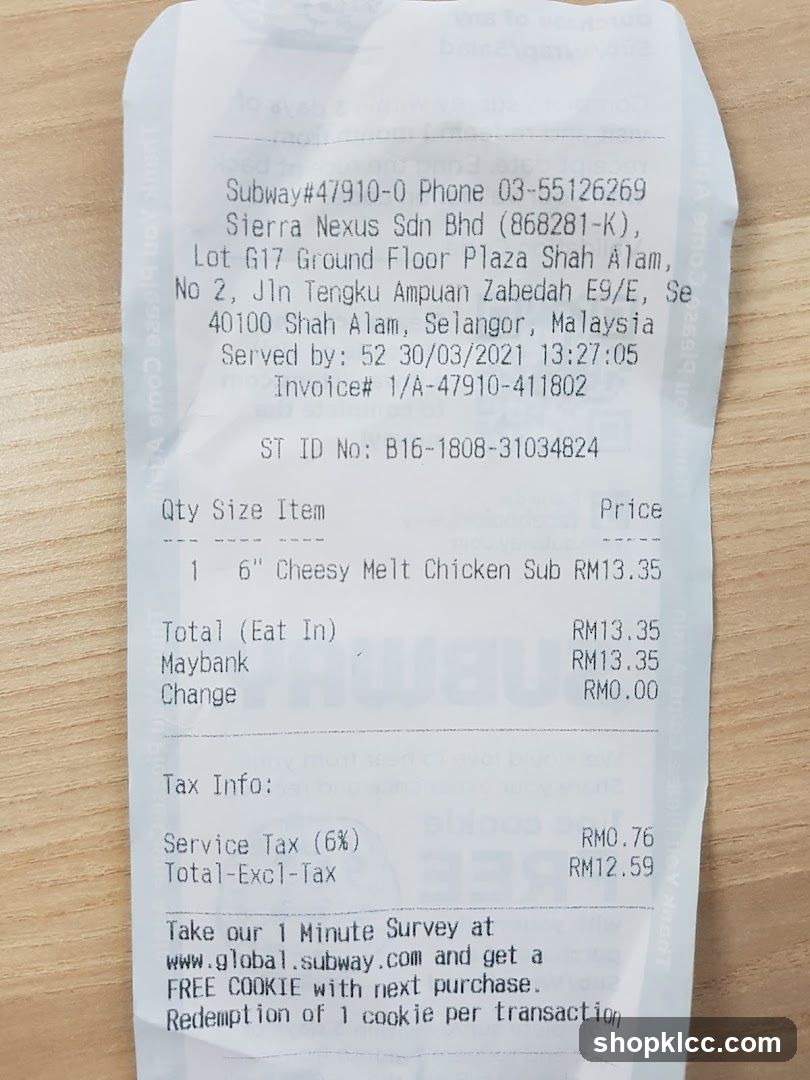 Subway Receipt
