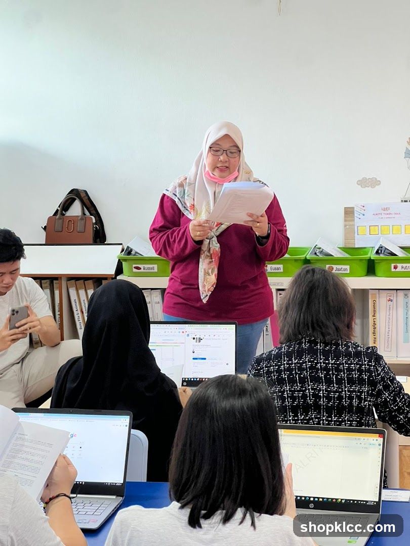 Classroom setting with a teacher reading from papers