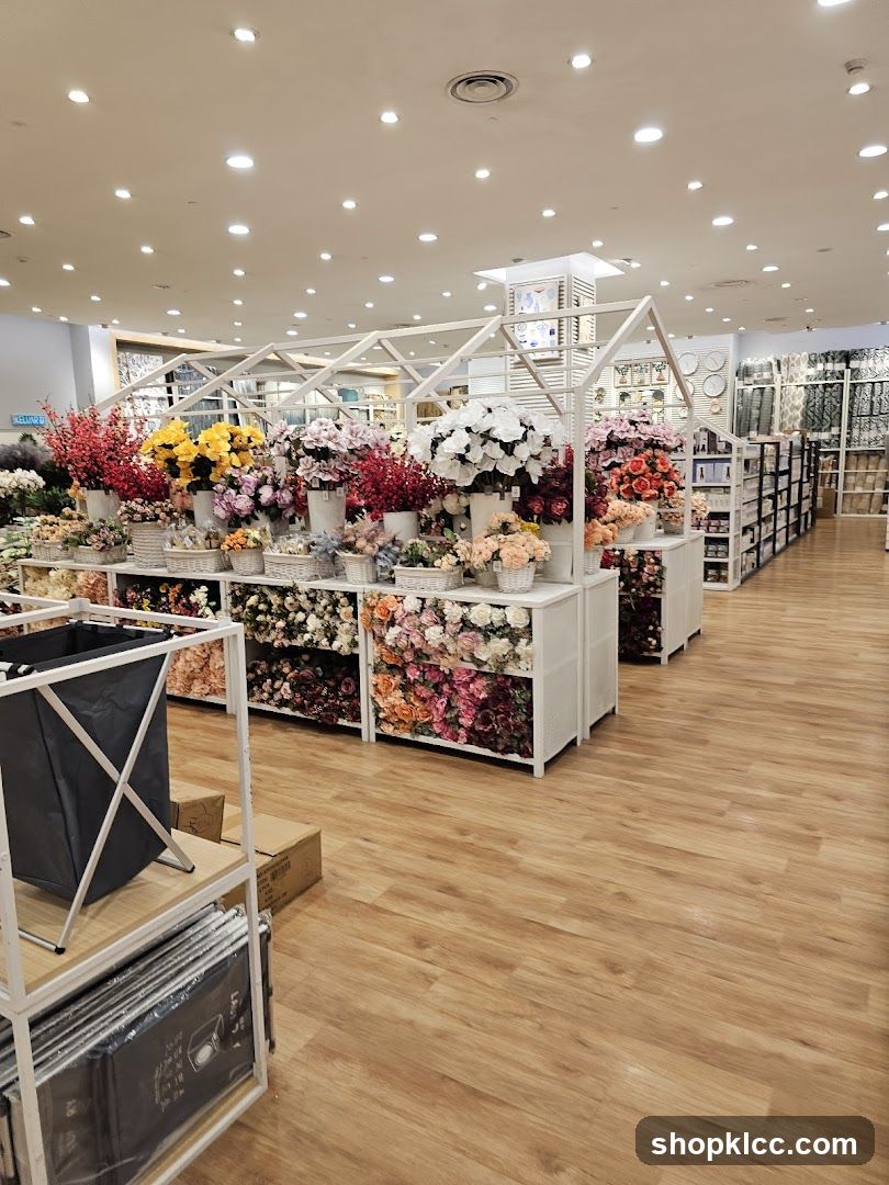 Store interior with artificial flowers