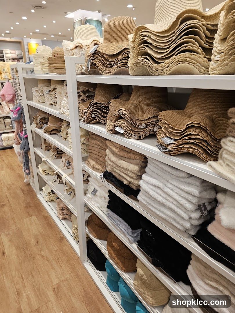 Hats and other accessories on display shelves