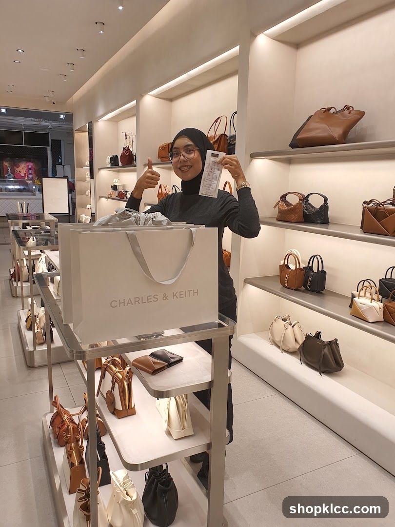 Woman holding a receipt in a handbag store