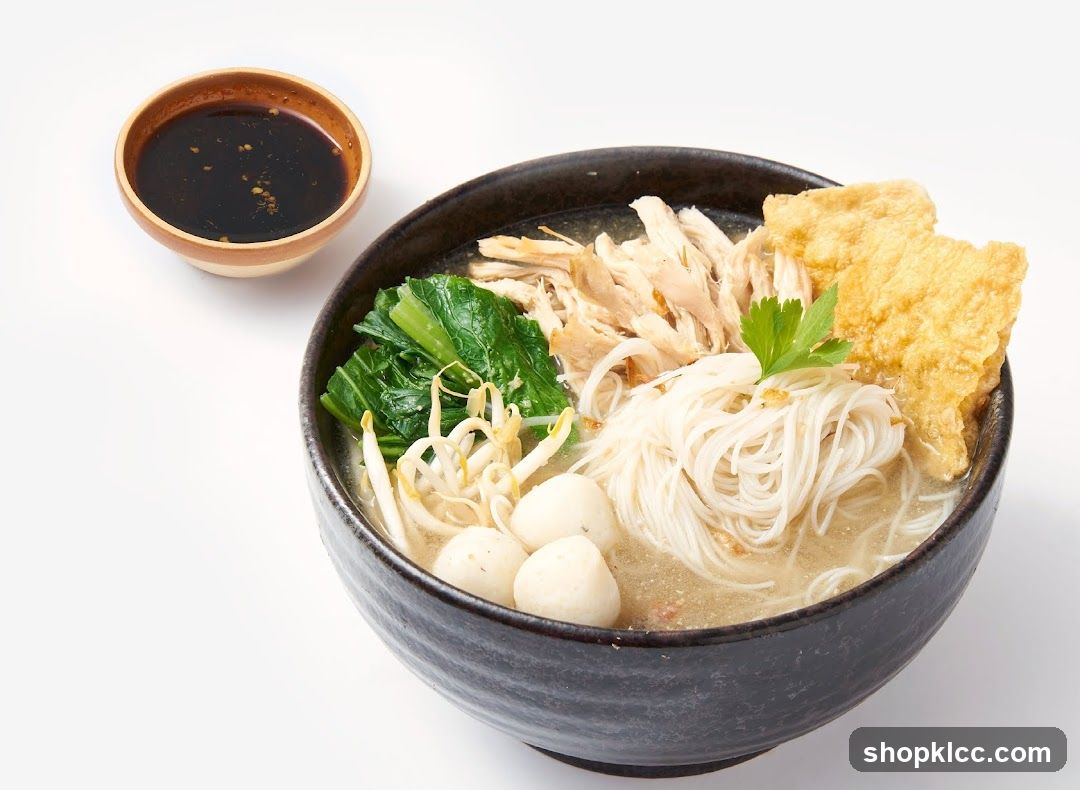 Noodle Soup with Shredded Chicken and Fish Balls