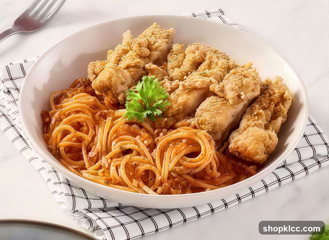 Spaghetti with Fried Chicken Strips