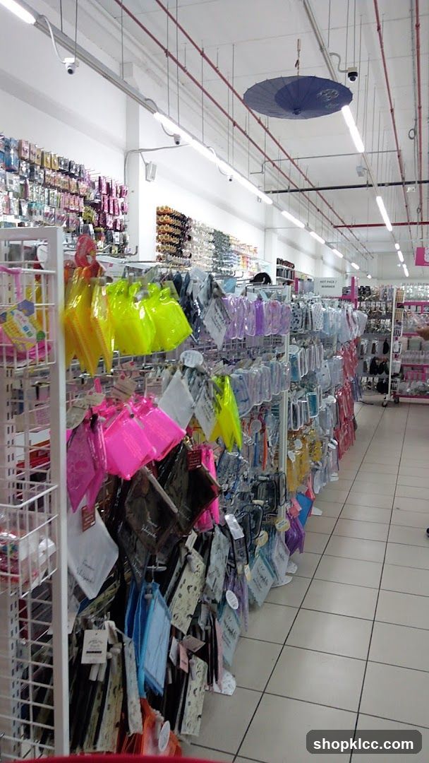 Store aisle with colorful pouches and accessories