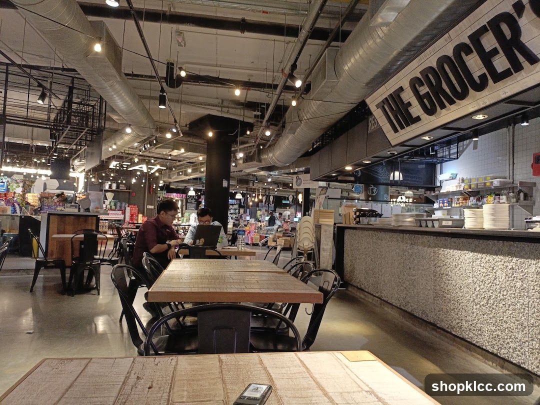 Indoor seating area with a counter and signage